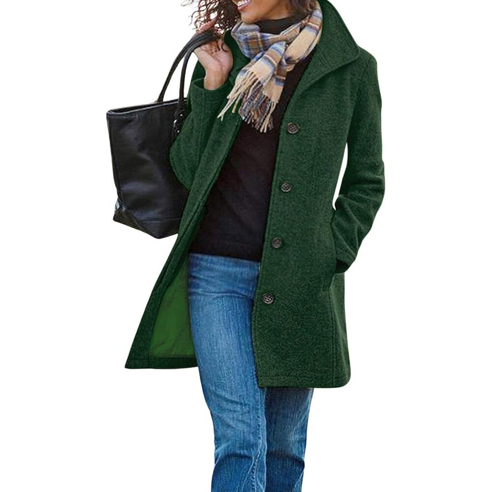 Women's Casual Thicken Wool Blend Stand Collar Single Breasted Pea Coat Green